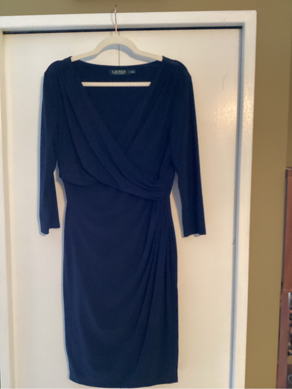 Ralph Lauren Navy Faux-Wrap Long Sleeve Sheath Dress